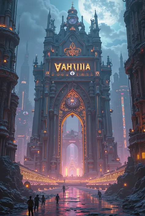 A 16 : 9 photo of Valhalla that says Valhalla in cyberpunk-style letters 