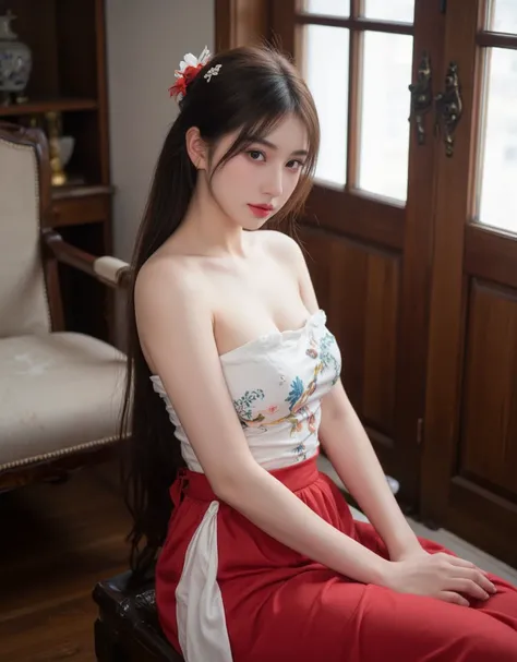 1 girl, skirt, hair accessories, red skirt, alone, Chinese clothes, long hair, sitting, bare shoulders, window, brown hair, bun, indoors, black hair, looking at the audience