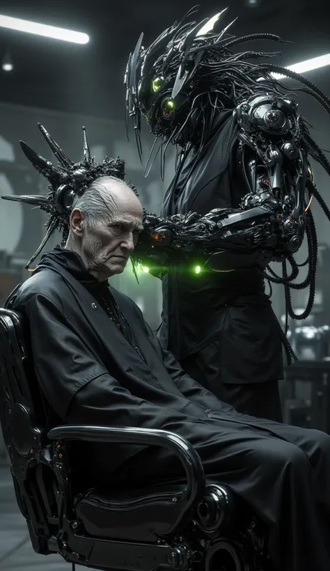 Hyper realistic image. High quality, 8K Ultra HD. Edward Scissorhands infected by the Apple Virus, mutated into a monstrous bio-robotic and cyber-mechanical hybrid entity. The setting is a dark, gloomy barber shop with a light green haze, cutting the hair ...