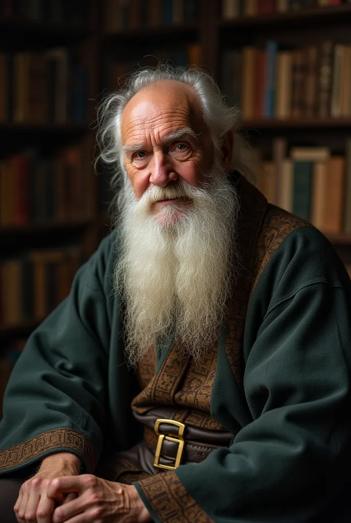 A wise old man with a long white beard, wearing a traditional robe, sits in a dimly lit room filled with books. He looks at the camera with deep wisdom in his eyes, as if about to reveal a great secret."