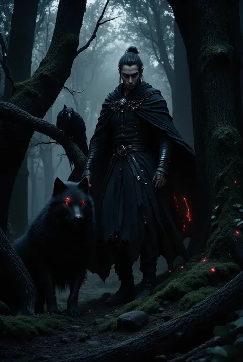 Male Elf,black hair gathered in a careless bun,light grey eyes ,neat elf ears ,background:gloomy forest ,a black wolf with red eyes next to a man and a black raven on a tree branch