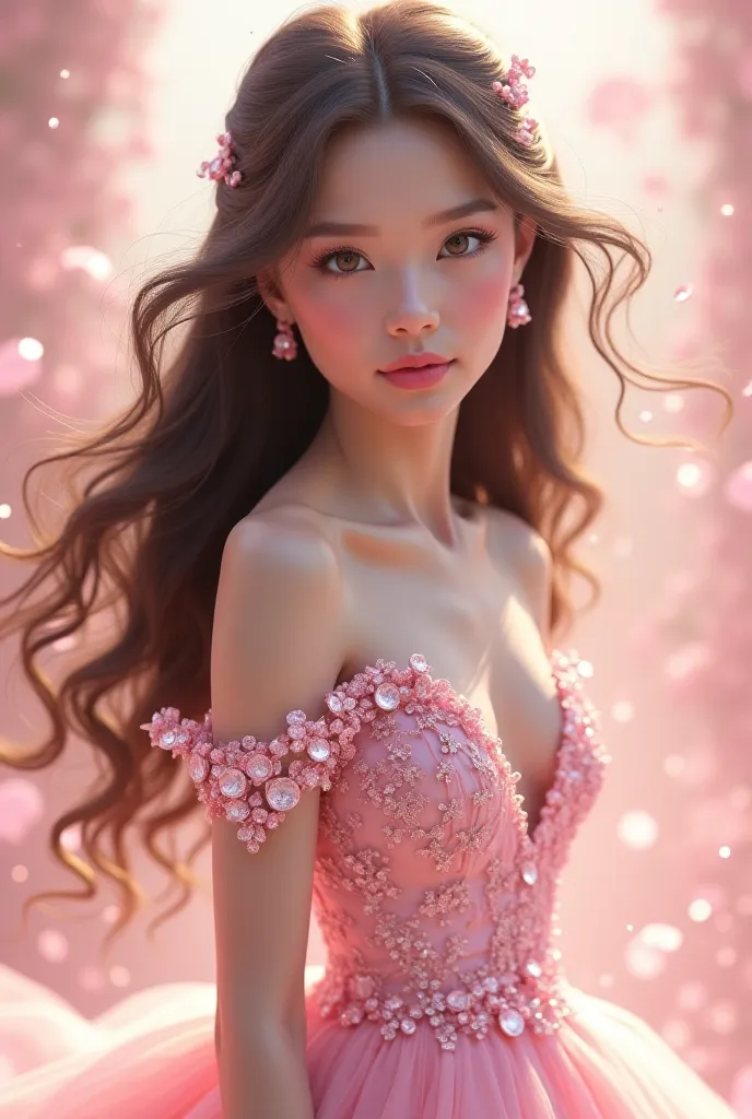 A girl in a pink wedding dress with pink gems on it with long hair 