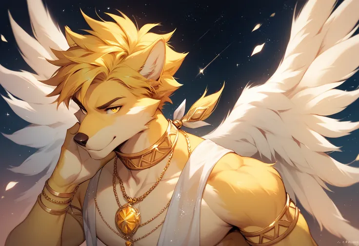 sexy anime boy wolf angel yellow gold fur body sexy anthro in space hair hairstyle gold yellow hair 