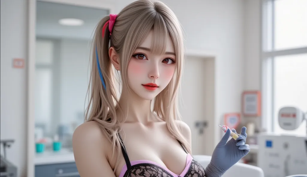 During the day, a Korean beauty with blue and red cool ponytail hair cosplayed, wearing a sexy see-through nurse outfit, suspenders, and holding a syringe in her hand. The background is a hospital. Proud big breasts.