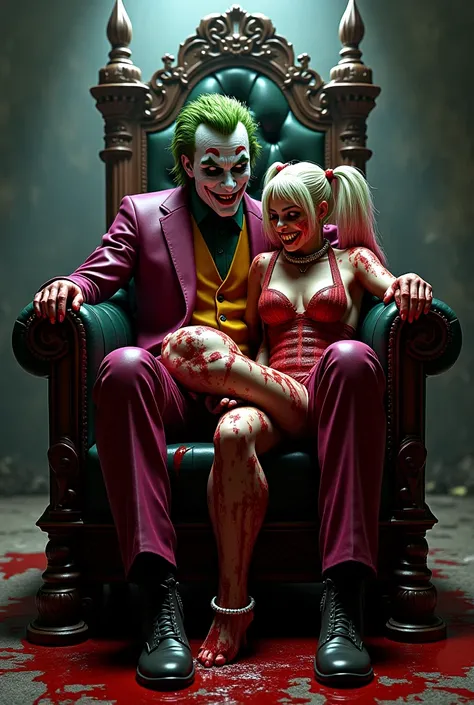 The joker covered in blood holding in his hand a buys me sitting on a throne placed next to Harley Queen