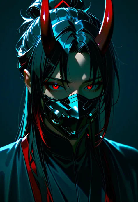 1 man, black hair with red highlights, cool hairstyle, red eyes, short red oni horns with dark red tips, wearing a black mask covering his mouth, good looking, wearing black clothes