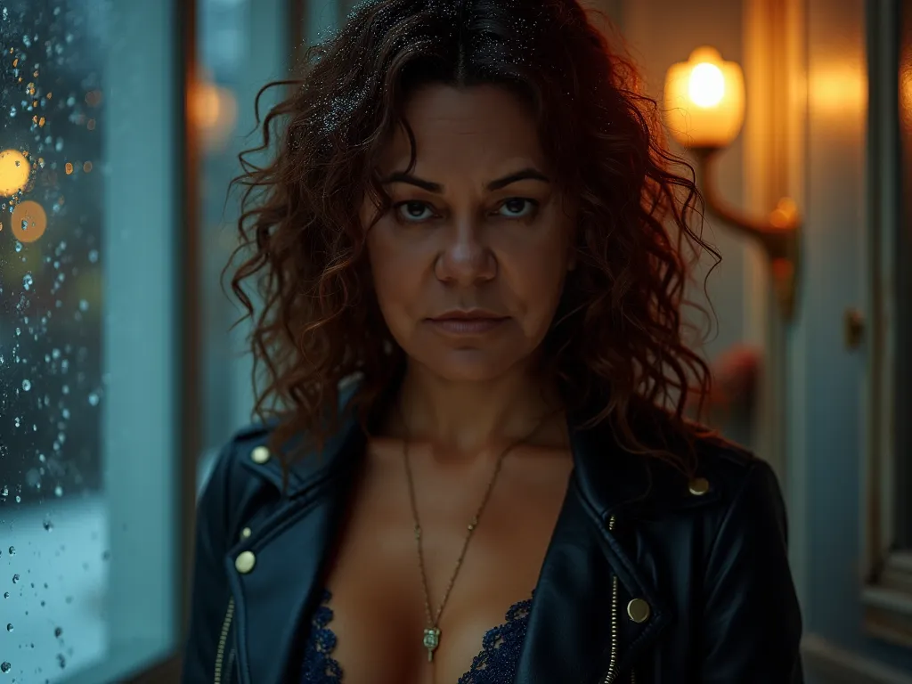 cold weather ,brunette woman, leather jacket, washed indigo tight bra and thong , red lips, sexy posing, Burgundy curly locks, sweaty cinematic shot,analog  antique 