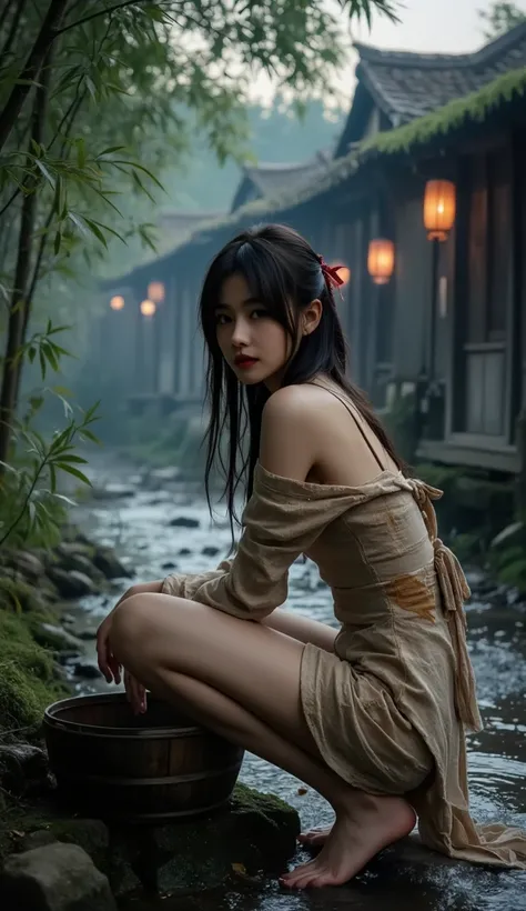 evocative full-body photo of a poor young seductive woman in an ancient Chinese village, set during a warm summer evening. She is in her early 20s, with delicate features, smooth porcelain skin, and long, jet-black hair tied loosely with a frayed red ribbo...