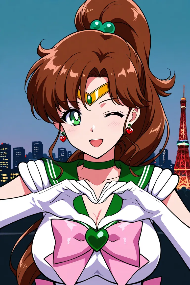 1 girl, solo, obra maestra, mejor calidad, LONg hair, SMILE, Brown hair, green eyes, ponytail hairstyle, medium boobs, rose earrings, red earrings, hair accessory, Sailor Jupiter, tokyo tower background, opEN MOUTH, LOoKiNG AT VIEWER, heart of hands gestur...