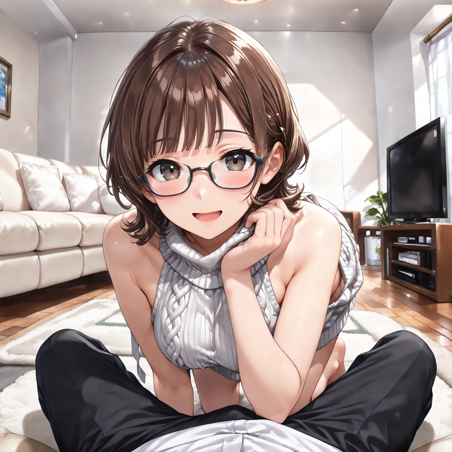 masterpiece,best quality,nsfw,(1 woman+1boy),((1 woman,30 years old, Pudgy Body,dark brown hair,(short wave hair:1.3)),Black-rimmed glasses,((full body)),open mouth, virgin killer sweater((Grey,sweater)),light smile,panty,living room,white sofa,hand up,pov...