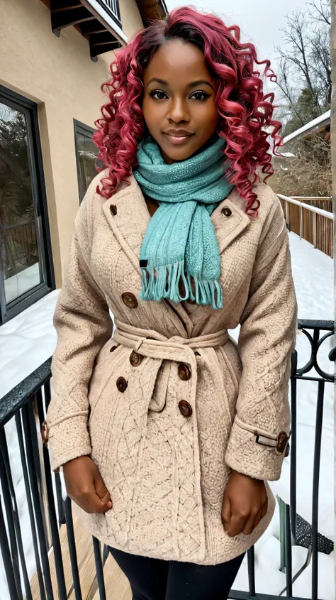  an African-American woman , short pink curly hair, green eyes,  beautiful body with curves, na neve, In a balcony, clothes for winter with scarf, Realistic