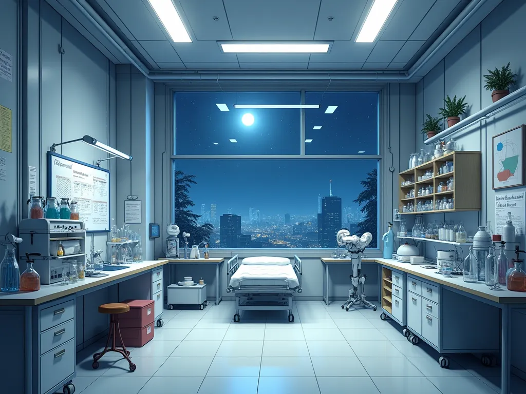 A large laboratory with science tools and glassware, calculations on a board in the corner, robots and unfinished scientific objects, Picturesque, idyllic, work of art, best qualityer, 8k, extremely detaild,anime styling, white laboratory with hospital bed...