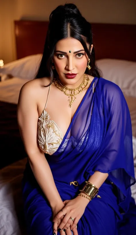 Front view,Ultra-realism,  16K, Super Resolution, a hyper-realistic photo of  thick-bodied curvy figure bhabhi frontal camera view, Indian milf on her knees, looking at camera, with lust in her eyes, black hair tied around, Gajra in head,sandal mark on for...