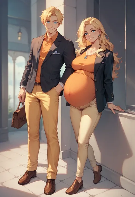 pregnant cool girl with long blonde hair, blue eyes, orange shirt, black blazer, dark yellow pants, brown shoes, cool smile, with fire