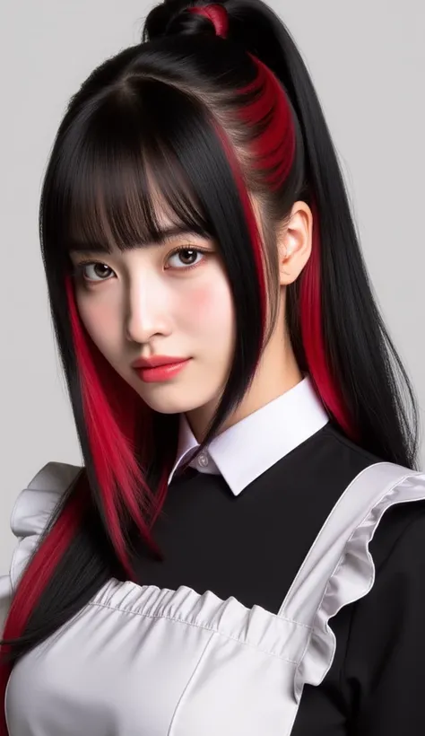  Silky Smooth Hair 、Two-tone color with dark red hair and black hair、long hair、hairstyles are straight、long hair that reaches the chest、maid clothes、tall ponytail