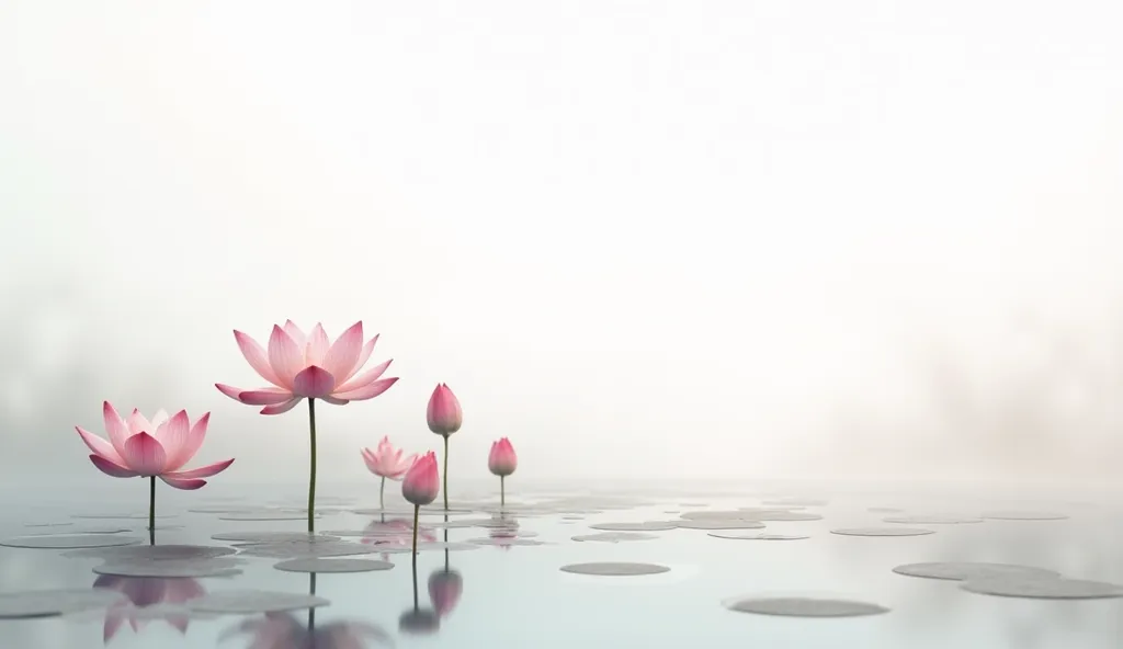 A lotus pond, pure white background, A variety of lotus flowers ready to grow and bloom, Very light pink lotus,  Foggy