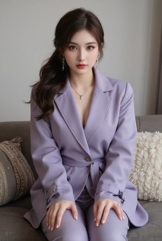 深棕色长curls，exquisite makeup， red lips， wear dangling earrings ，Asian Beauties，35 years old，Slightly mature young woman's style，curls，Hair on one side， necklace，light purple leather coat，Leather pants，sitting on the couch，face，front，Straighten your back ，Pla...