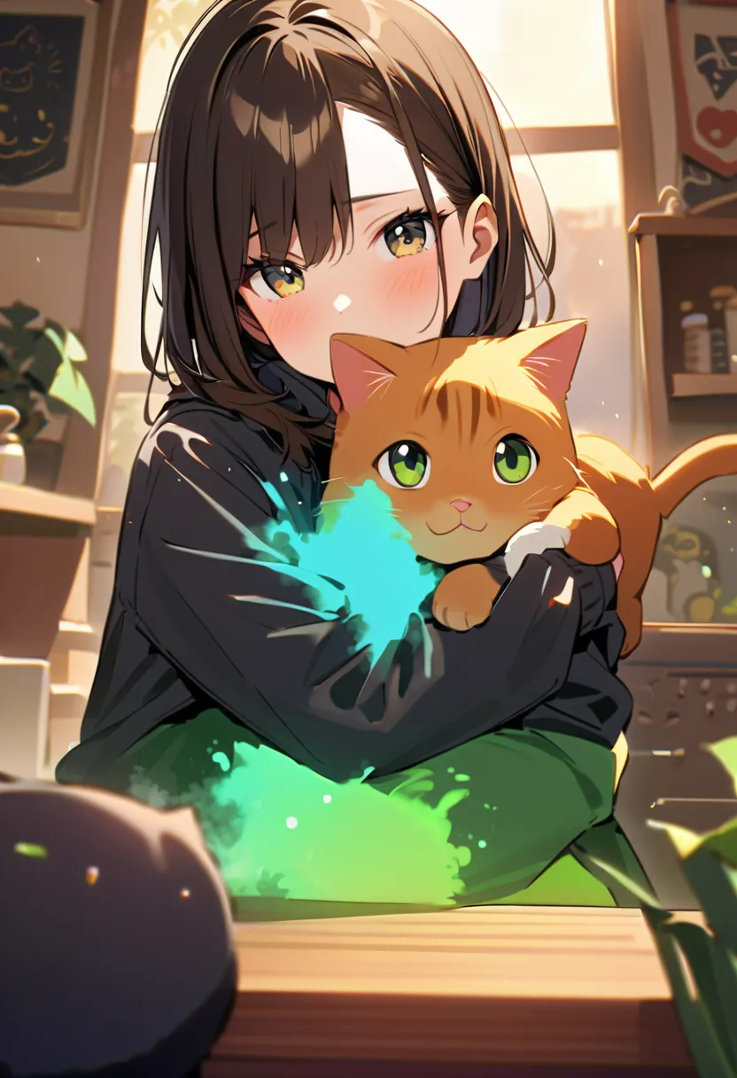 (2cats:1.3), (2animals:1.3), ((black brown eyed cat)), ((ginger green eyed cat)), (hugging:1.2), wonderful atmosphere, cute vibe, magic dust