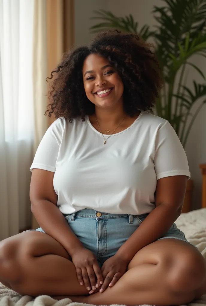 hd realistic image of curvy plus size woman, cross legged with the left leg over the right with the left legs in the chair, room, she is wearing white t shirt and short jeans, smiling, full body image