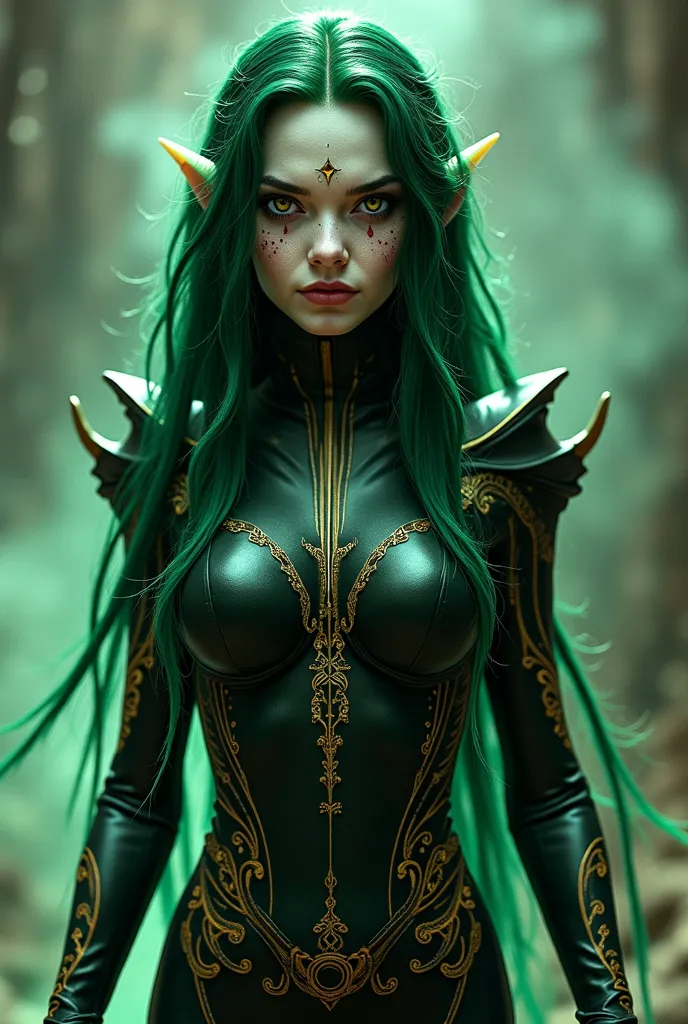 Create a wizard between an elf and an alien, of a woman with very long dark green hair, has white skin like the moon and very big, feline eyes, Under the eyes there are freckles of different colors, is dressed in a tight dark leather suit with gold drawing...