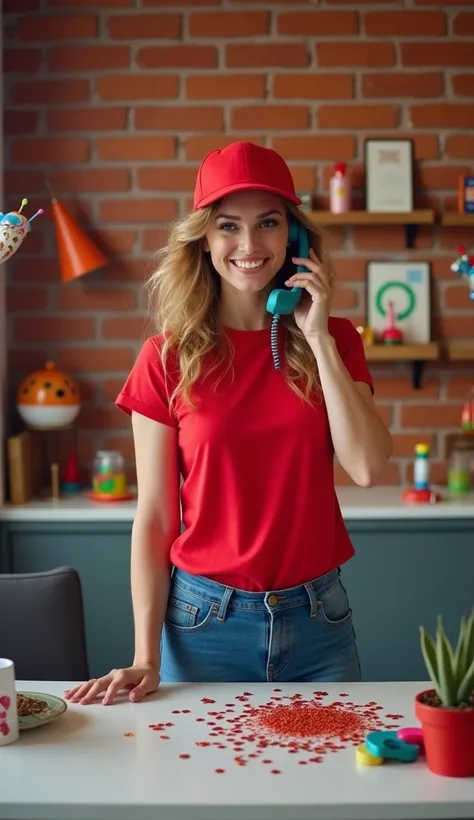 Create a realistic image of a woman, using carnival props, a red t-shirt and blue jeans and a red cap. You can see that this is a reception area and she is answering the phone. You can also see that there is carnival confetti on the table, as well as some ...