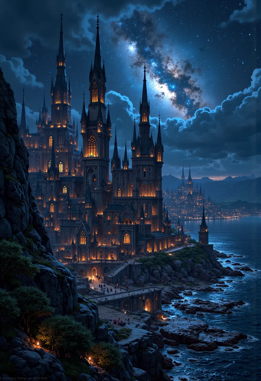 Describe a futuristic Gothic-style city near the ocean at night under a starry sky 