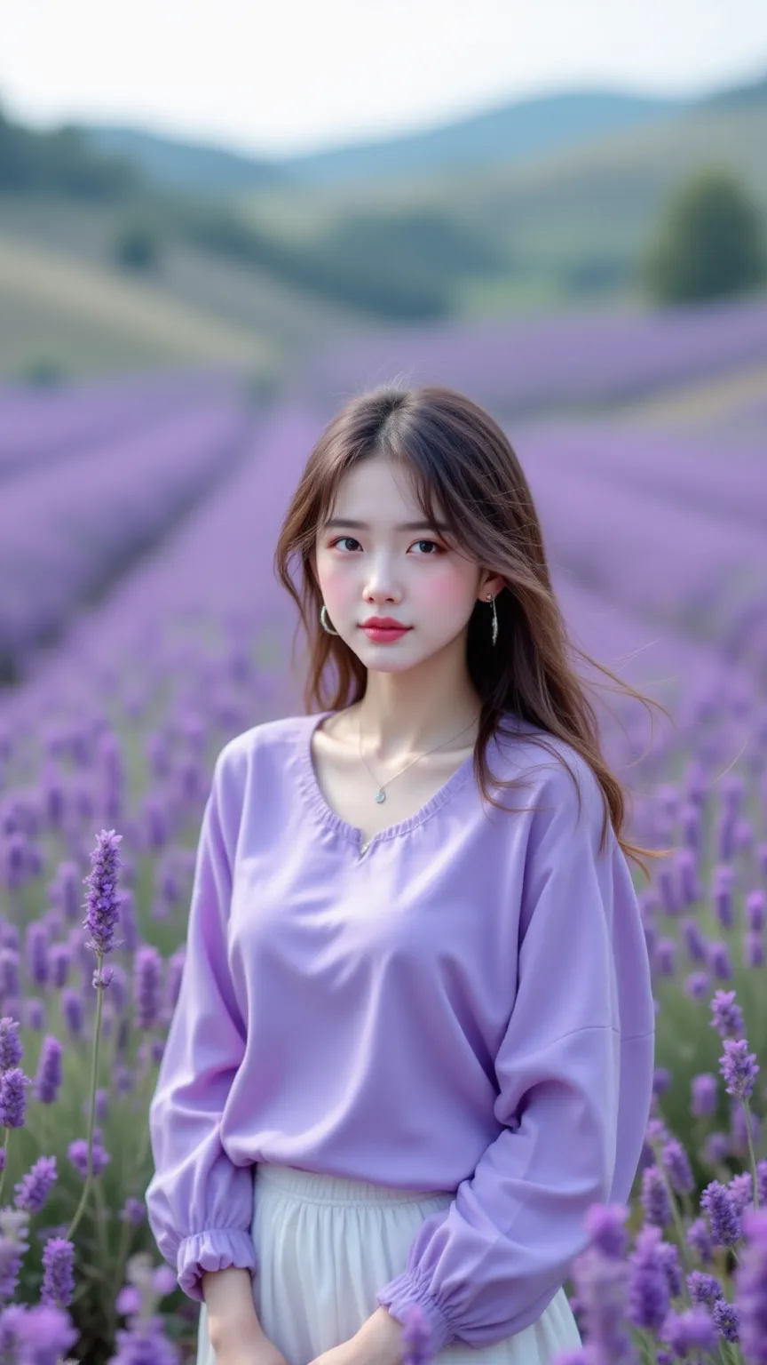 A girl (Pigkaploy) wearing a full sleeve lavender top over a white skirt , lavender farm in background, cowboy shot from the top