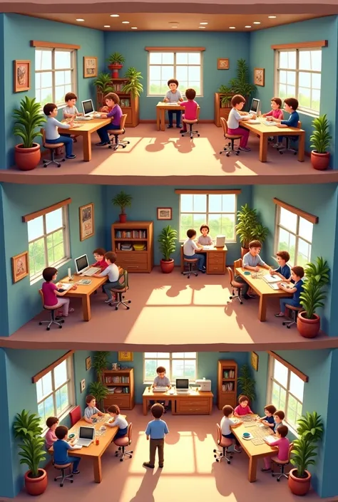 A big fancy place made of 4 rooms in which in the first room we can see two s a boy and a girl sitting next to one another each with a computer on a desk with a tutor standing in a way to show him teaching and also with his own computer on his own desk an ...