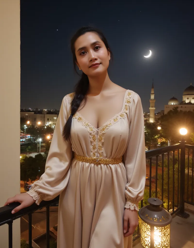 A stunning Indonesian woman, approximately 26 years old, with long black hair neatly tied into a high ponytail. She has a soft smile on her red lips, a fit and toned physical appearance with firm rounded breasts.

She is wearing a flowing, elegant champagn...