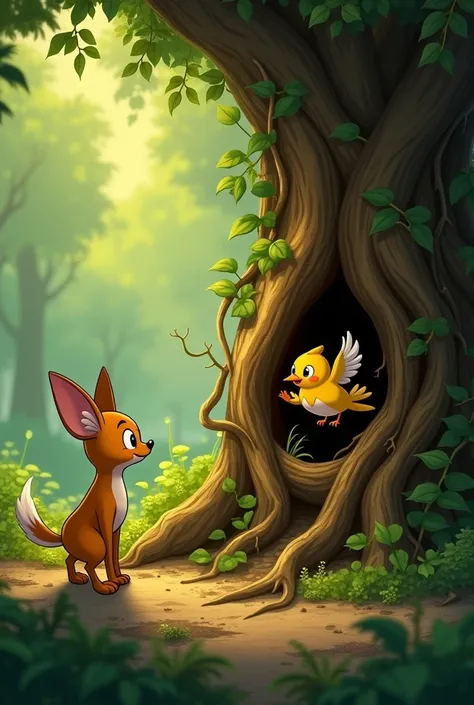 Kancil stands on the forest floor, his ears perked up as he hears a tiny voice. Near the base of a large tree, a small golden bird with bright feathers is trapped between tangled roots, flapping its wings desperately. The scene is full of greenery and warm...