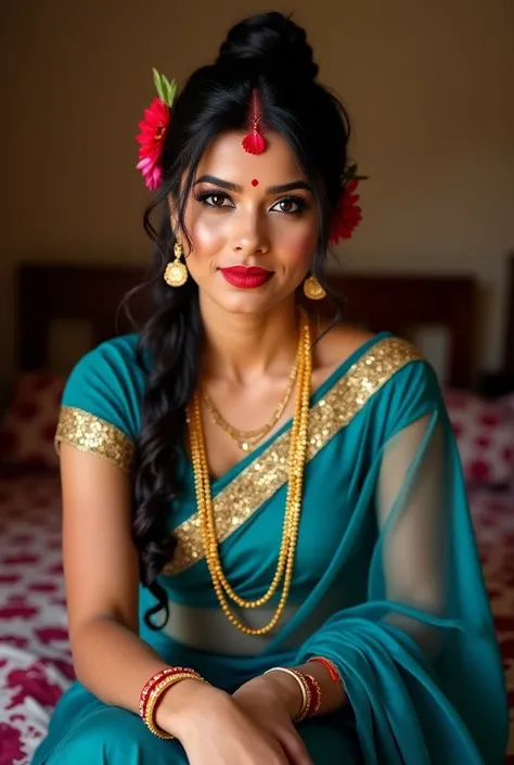 Portrait of a mature Indian milf sitting on a table looking at camera, with lust in her eyes, black hair tied around, flowers in head,sandal mark on forehead, sindhur on forehead (vermilion mark on forehead in the middle of hair partition,transparent Saree...