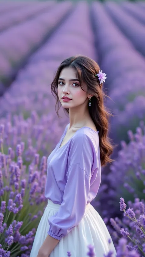 A girl (Neha Sharma) wearing a full sleeve lavender top over a white skirt , lavender farm in background, cow boy shot from the top