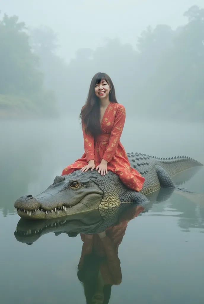 Giant crocodile floating on a misty lake. The model is sitting on the crocodile. She is happy, smiling brightly. Her unique and stylish dark brown long hair. Fashion aesthetics. The model is wearing a red dress with Thai fabric pattern.