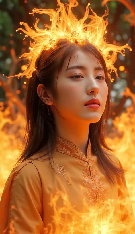 Information generated by the picture: 3D rendering, a beautiful woman in Hanfu, with a crown surrounded by golden light, eyes closed, long flowing hair, looking up at the sky, surrounded by golden flames, and the background is ethereal and sacred. Fingers ...