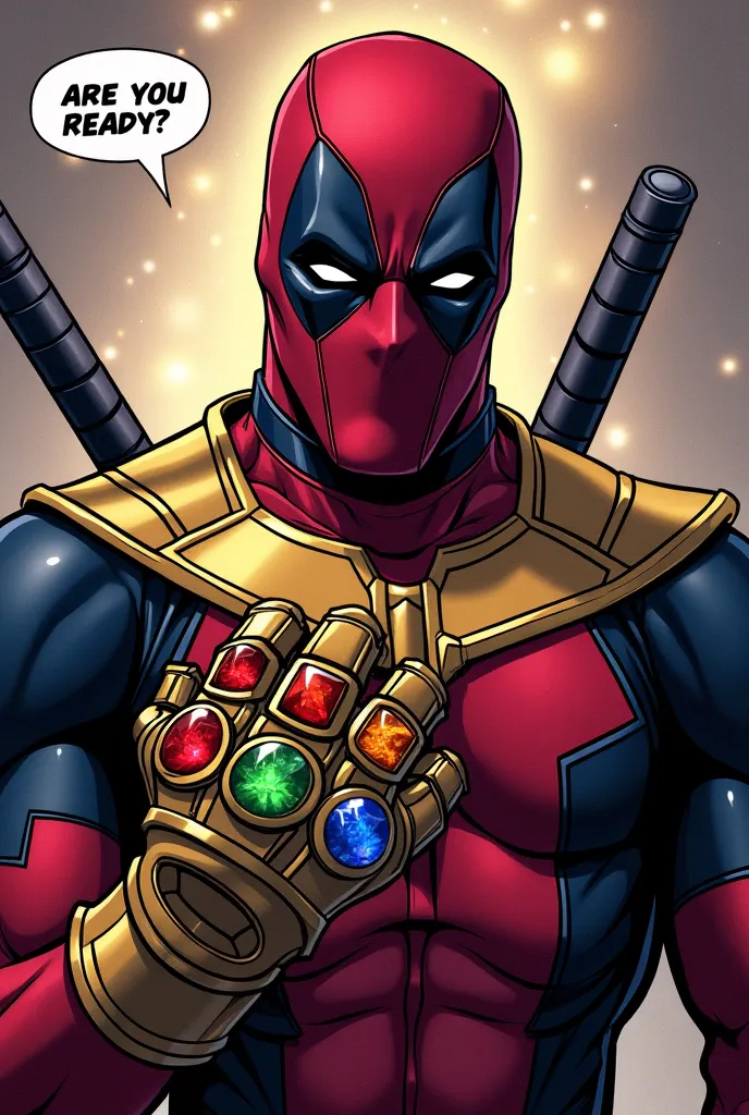 make me a unique cover of DeadPool wearing Thanos' gauntlet of infinity(with the six gems of infinity: The Gem of the Soul, The Space Gem, The Gem of Power, the Gem of Time, Gem of reality and gem of the mind) and with a comic book balloon that says " Are ...