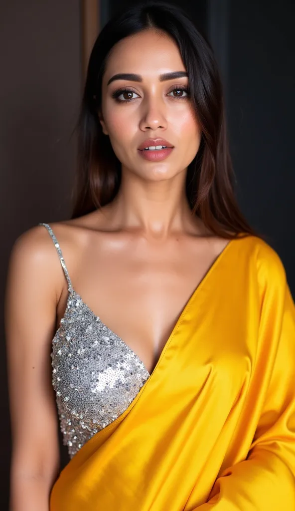 Generate a ultra realistic close up front image of a woman in a golden yellow sequins sleeveless saree. She is wearing a silver shimmering blouse with mirror sequins. It has no sleeves, has a silver satin finish with spaghetti straps. Face and body facing ...