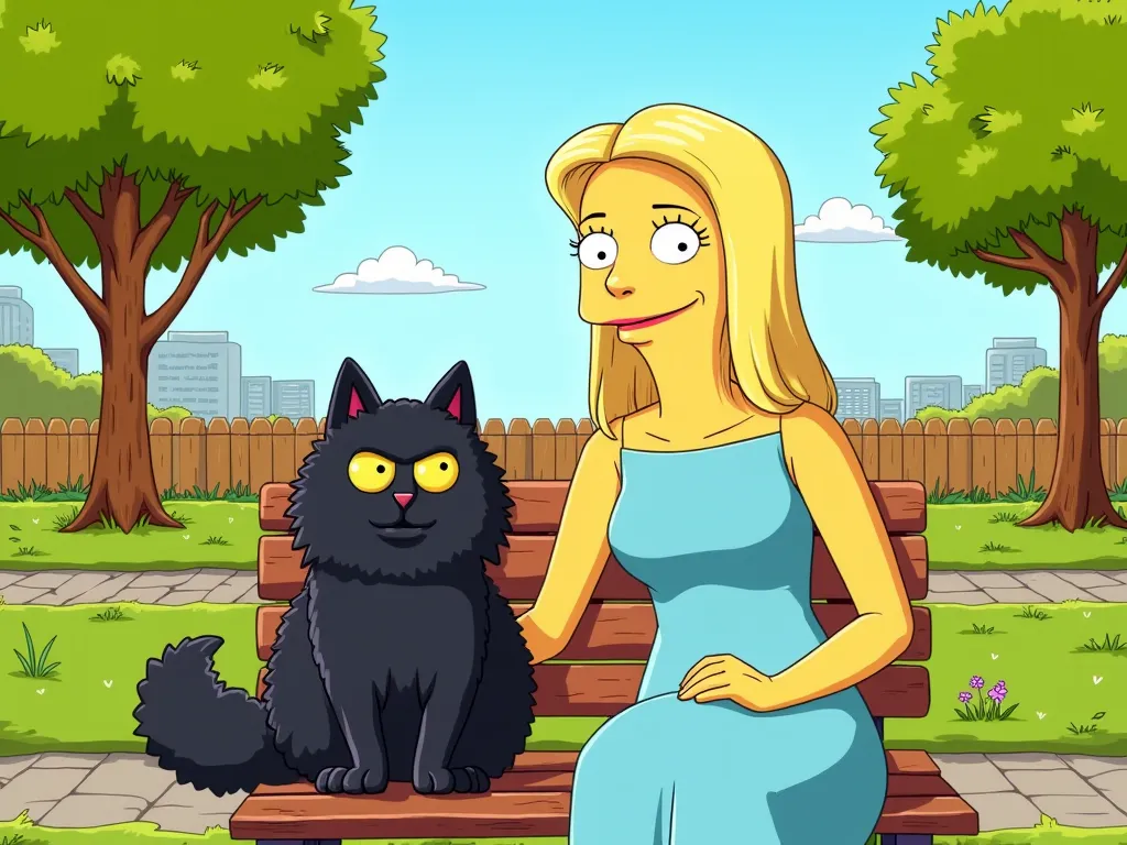 cartoon illustration in the style of The Simpsons , featuring a blonde woman with straight hair, dressed in a light blue dress, sitting on a park bench. Her posture is relaxed and friendly, exuding calmness as she enjoys the peaceful surroundings of a sunn...