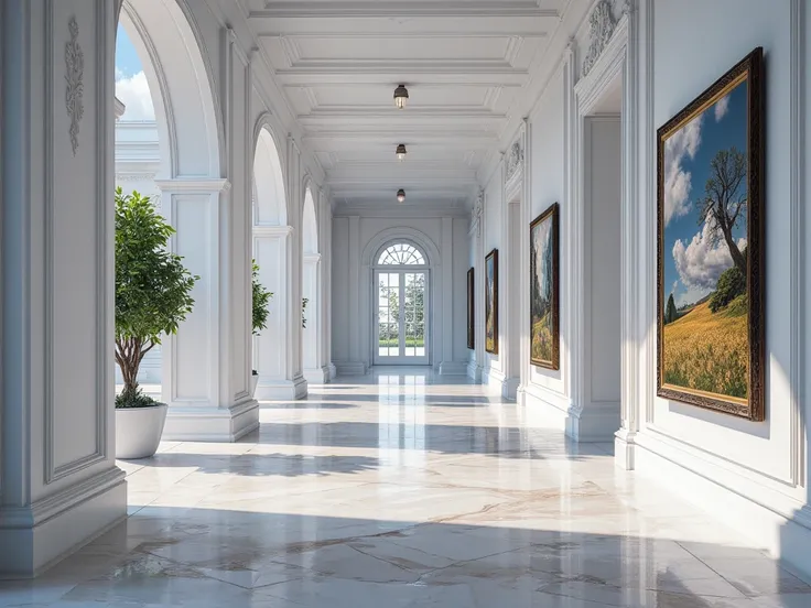 Corridor in the mansion, Several rooms along the corridor, Luxurious white stone floor, , on the right, the white wall is adorned with rare landscape images., . The left thread is an ornamental tree and a glass wall., images, Masterpiece, movies, clear det...