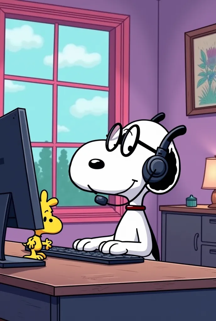 Create an image of Snoopy working on your computer as a software developer. Snoopy wears reading glasses and handsets, He is accompanied by his friend Woodstock. They're in a nice office with a window., decorated very femininely colors, In colors Lilac , t...