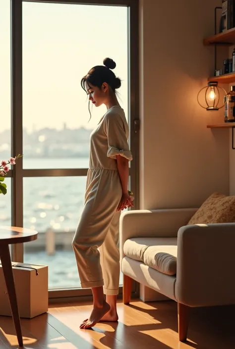 *A hyper-realistic cinematic scene capturing an 18 to 20-year-old slender yet feminine Asian young woman inside a compact, modern 1+1 Japanese-style apartment. She is dressed in a cozy pajama set—long, loose pajama pants and a soft pajama top—while her del...