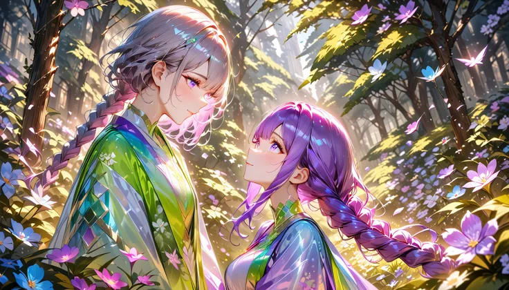 (A couple, beautiful girl and boy),(Look at each other), (best quality,very aesthetic,masterpiece),ultra-detailed,realistic,translucent morning of spring,body details,vibrant color palette,(yinji,purple_hair,purple_eyes,very_long_hair,grey_hair,braided_pon...