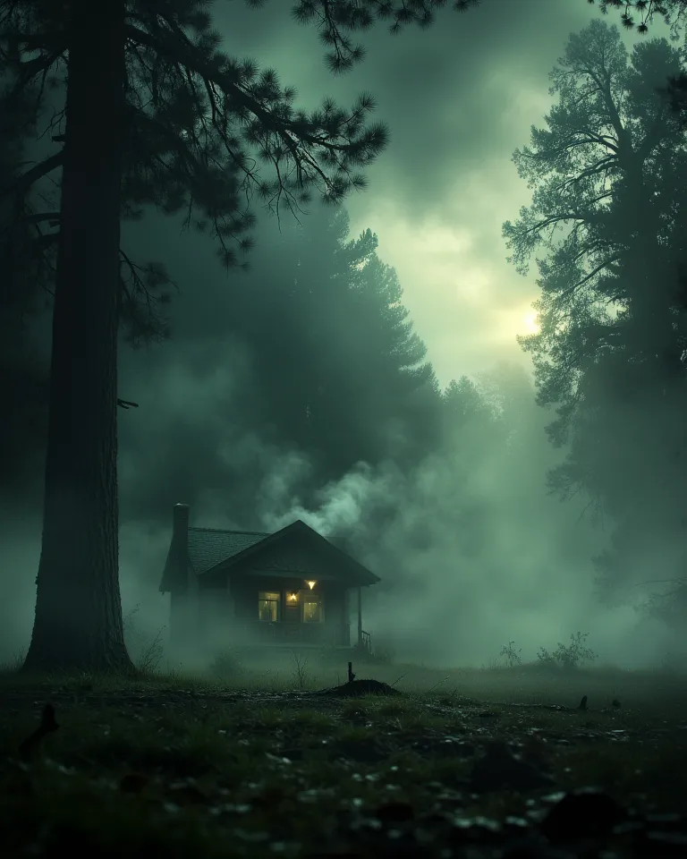 "A mysterious and atmospheric scene of a dense pine forest shrouded in thick morning fog. Tall, towering trees fade into the mist, their dark silhouettes creating a sense of depth. In the center of the image, a small wooden cabin with smoke rising from its...