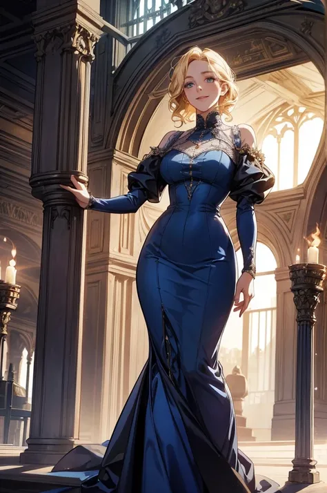 Rosalyn Landor( English actress) ,blonde hair, medium hair, Downton Abbey hair, two French twist hair, breast, slim,tall, edwardian evening dress in blue, smile,she is standing under A futuristic battleship engine,, The entire engine glows with an ethereal...