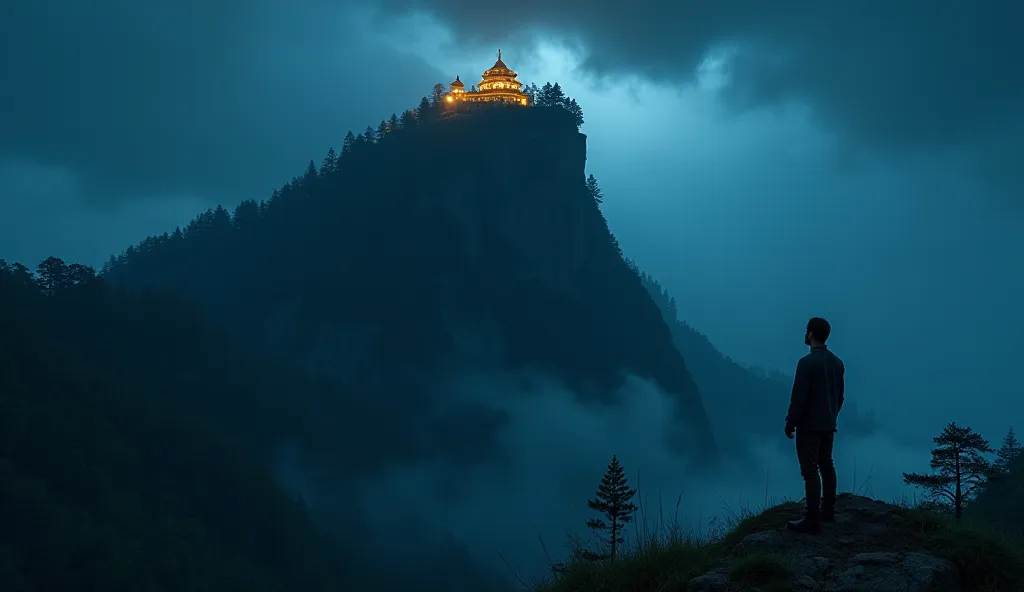 A man shows his hand on the short side of the mountain and looks ahead with wide eyes in surprise. There is a temple on the top of the mountain and there is a forest all around the mountain. Night scene