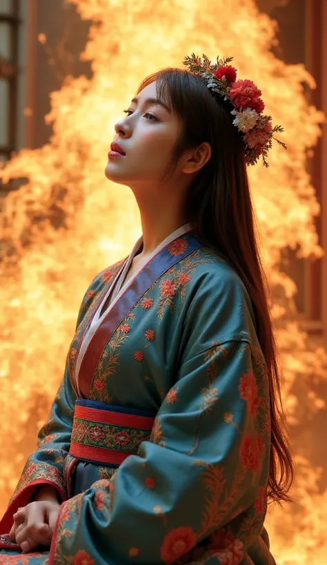 Information generated by the picture: 3D rendering, a beautiful woman in blue, red and green patterned Hanfu, with a crown surrounded by golden light, eyes closed, long flowing hair, looking up at the sky, surrounded by golden flames, and the background is...