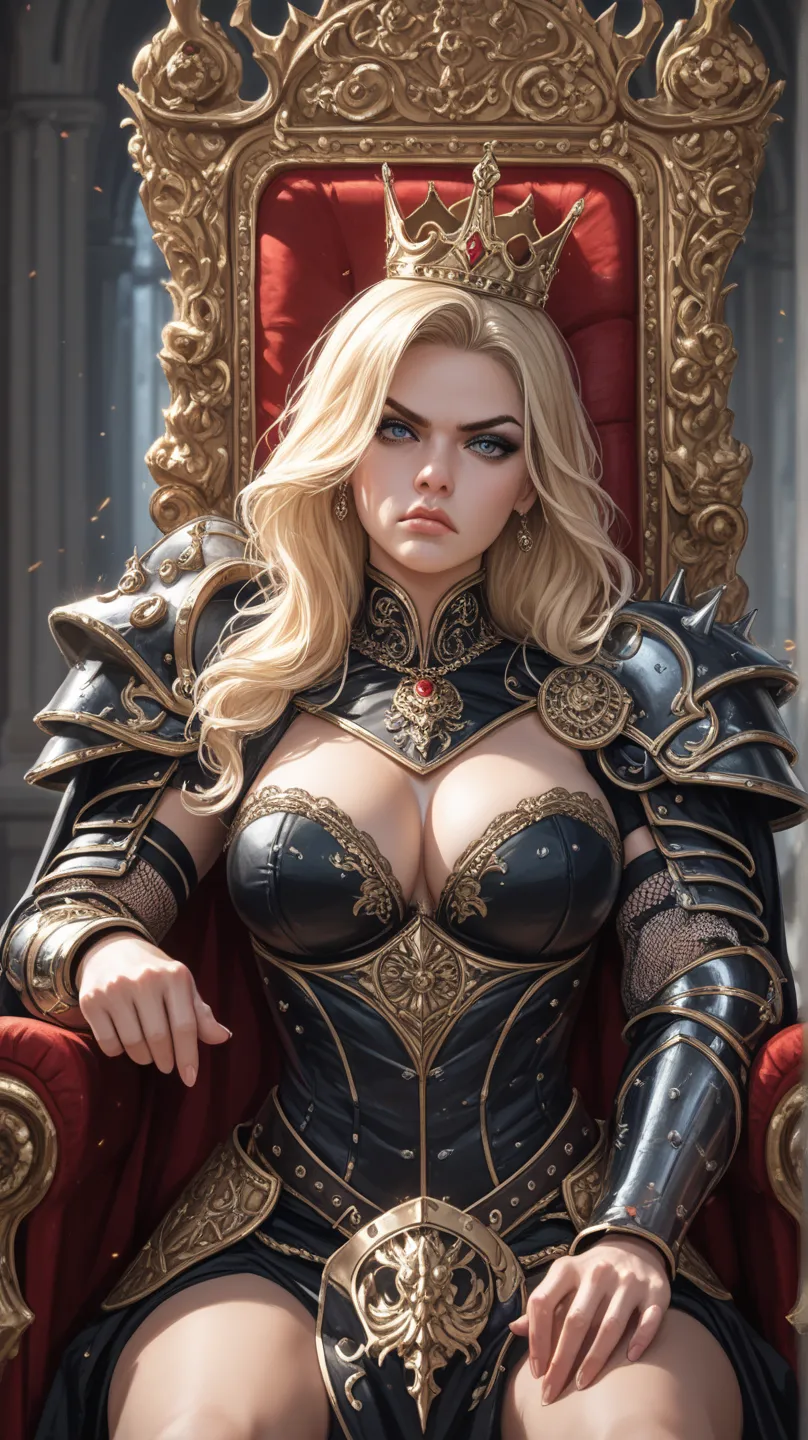  A beautiful sexy evil blonde warrior queen wearing makeup in black armor with a big boobs crown and a cloak,  on a throne , le visage arrogant dominatrice déterminé, Severe angry 