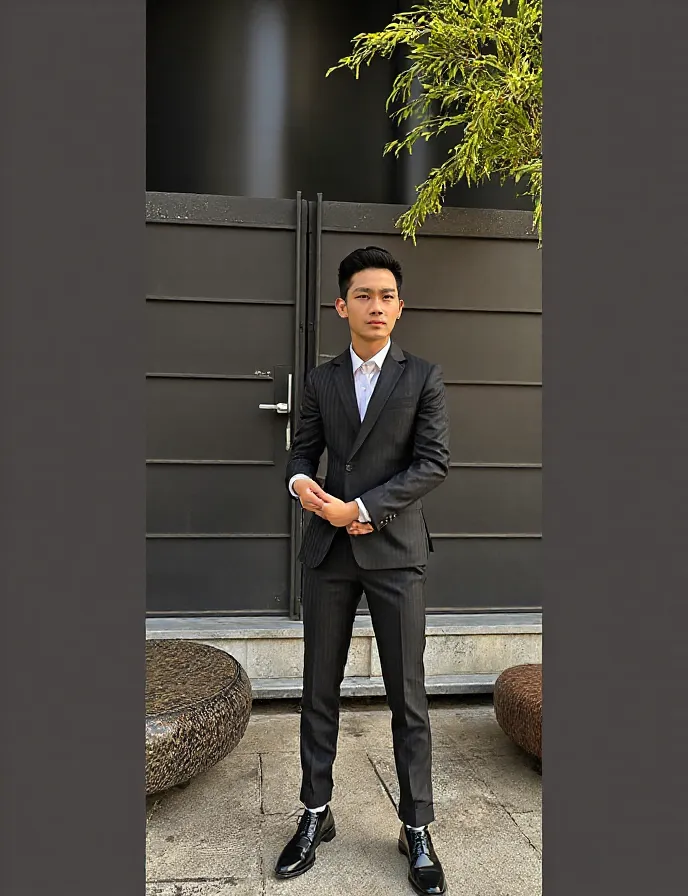 (Two 40ys asian handsome high fade hair hot gay men), in shiny pinstripes stripes sharp suit with silk tie, 8K, Ultra H