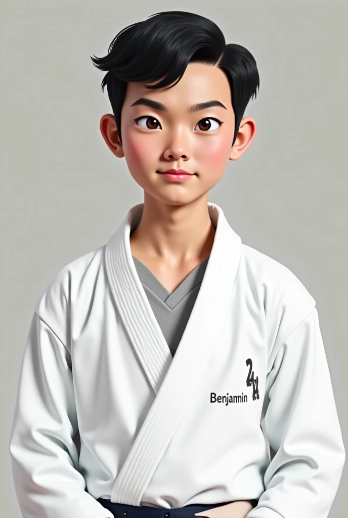   man wearing  taekwondo clothes and on the clothes has name " BENJAMIN".
-for the face I want asian's face
-black hair, 
-hair style : slicked back.