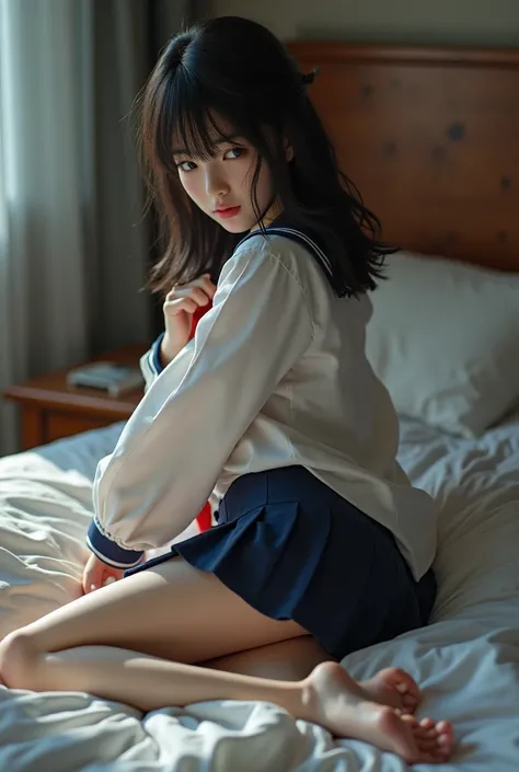 Young Japanese girl in uniform lying on a bed taking off her panties