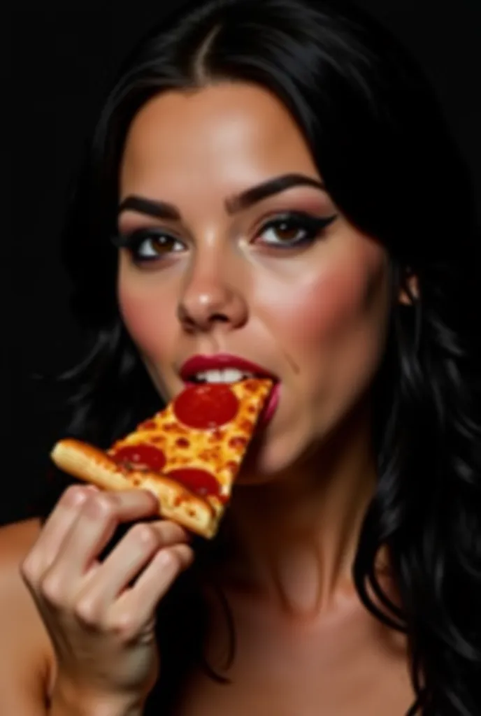  Face image of a beautiful young woman, Seconding a slice of pizza and placing it in your mouth. She has black hair, clear pelt, This one with makeup, and it's sexy . beautiful eyes, pretty mouth. The young woman is from left to right in the image, black o...